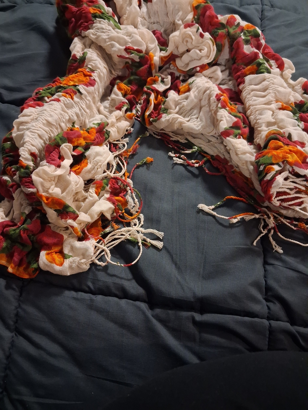mark. Cream Scarf with Red, Orange and Green Embroidery